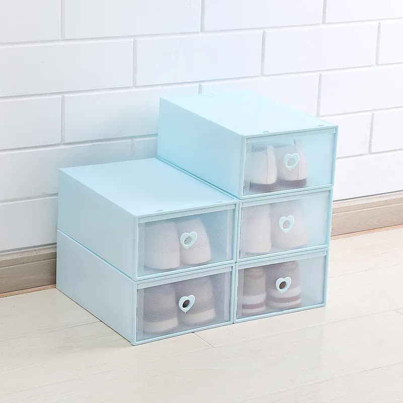 NNEDSZ Stackable Transparent Shoe Storage Boxes with Heart-Shaped Handles (Set of 5) 31*20*12cm Blue