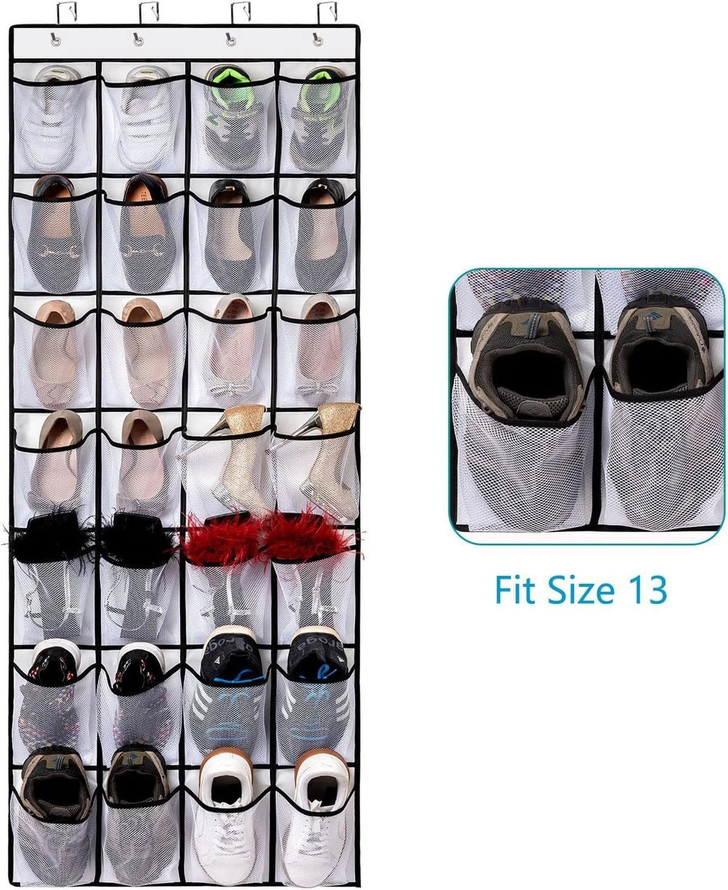 Over Door Shoe Organizer 24 Pocket Hanging Storage Mesh White