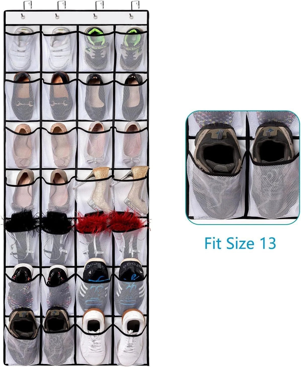 Over Door Shoe Organizer 24 Pocket Hanging Storage Mesh White