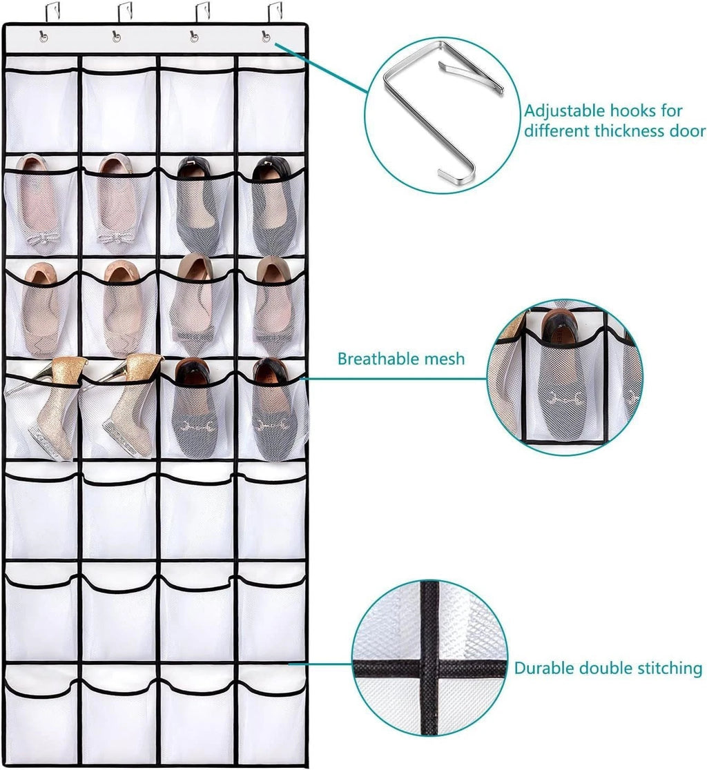 Over Door Shoe Organizer 24 Pocket Hanging Storage Mesh White
