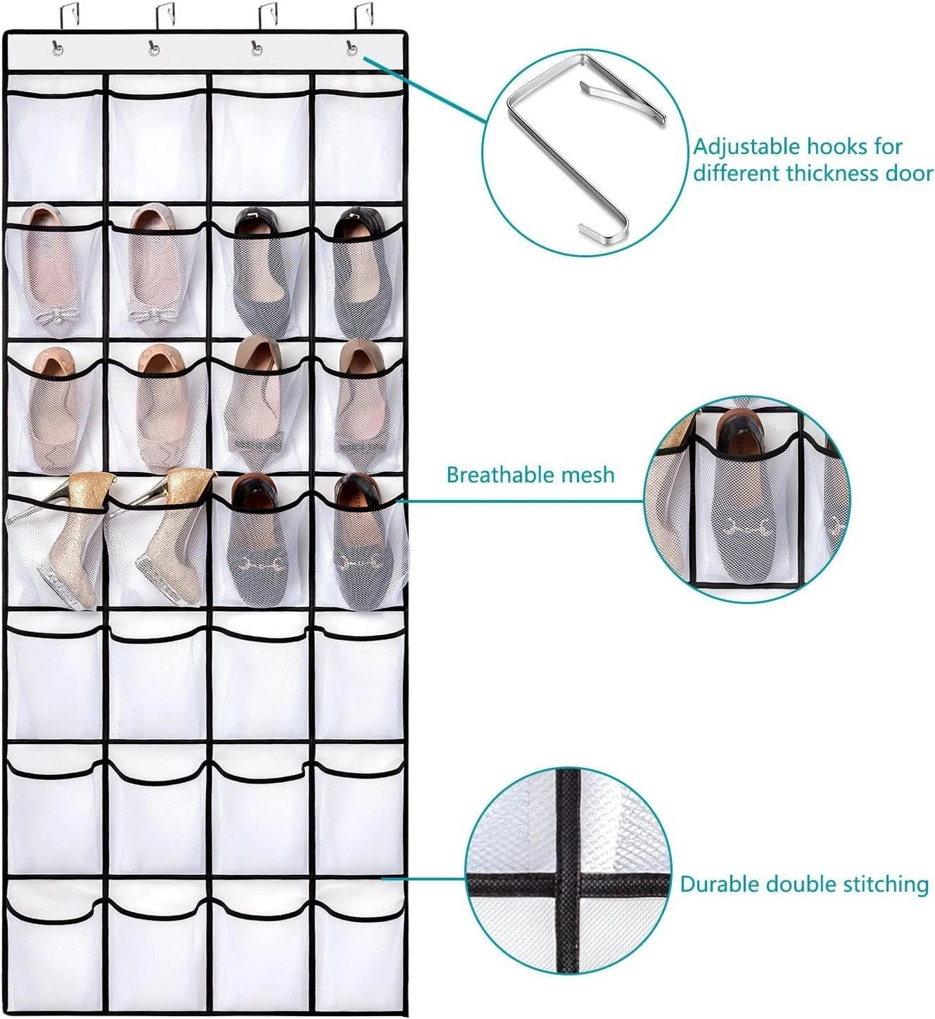 Over Door Shoe Organizer 24 Pocket Hanging Storage Mesh White